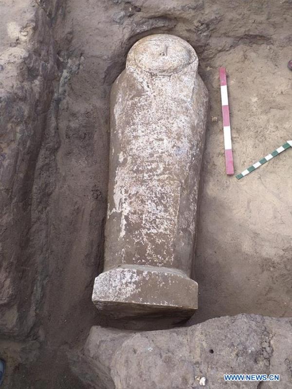 The undated photo provided by Egyptian Ministry of Antiquities on April 1, 2019 shows a limestone-made coffin in Quesna city of Menoufia province, Egypt. An Egyptian archaeological mission uncovered a limestone-made coffin in Quesna city of Menouifia province, the country\'s Ministry of Antiquities said in a statement on Monday. \