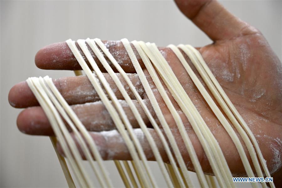 <?php echo strip_tags(addslashes(Ma Wenbin, an inheritor of Lanzhou beef noodle, pulls noodles at a beef noodle restaurant in Lanzhou, capital of northwest China's Gansu Province, April 2, 2019. Lanzhou beef noodles, a Chinese hand-pulled noodle originated in Lanzhou, has a history of about 100 years. There are about ten types of noodles of different width and shapes, depending on noodle chefs' pulling skills. It has won fame both at home and abroad with its speciality of noodles and soup recipe. (Xinhua/Liu Jie))) ?>