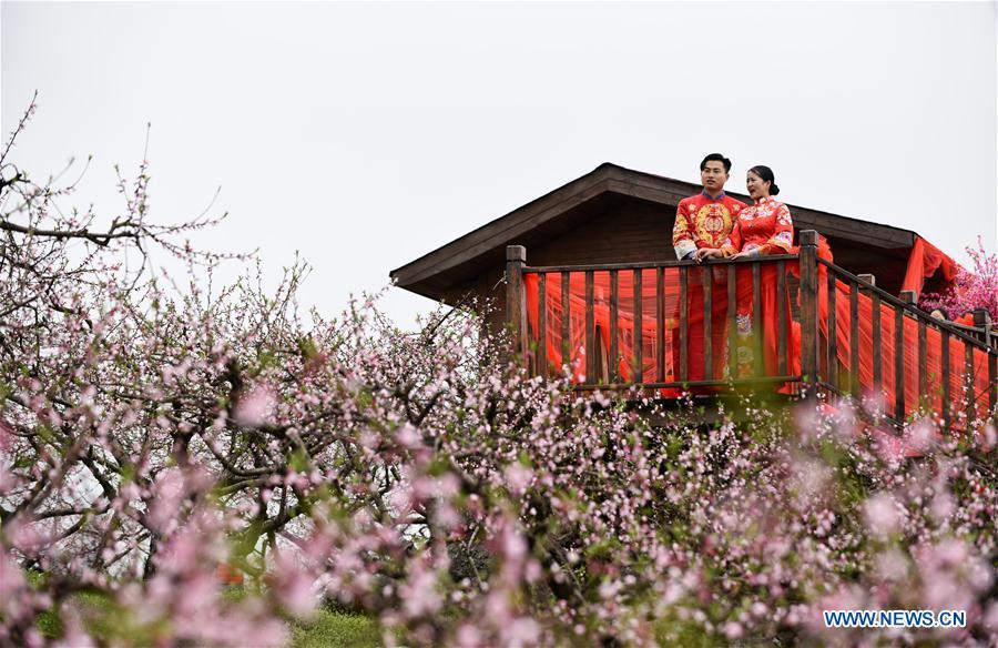 A newly-wed couple view flowers in Wude Town of Shiqian County, southwest China\'s Guizhou Province, April 4, 2019. A group wedding ceremony in traditional style was held here Thursday for couples who have been striving on the frontline for the county\'s fight against poverty. (Xinhua/Yang Wenbin)