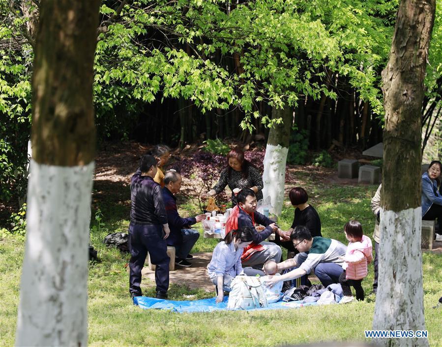 People have picnic during the holiday for the Qingming Festival at the Zhaomushan forest park in Chongqing, southwest China, April 5, 2019. (Xinhua/Liu Chan)
