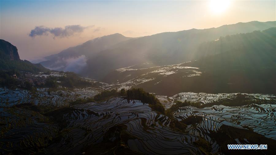 Aerial photo taken on April 3, 2019 shows Hani terraced fields in Yuanyang County, southwest China\'s Yunnan Province. (Xinhua/Hu Chao)