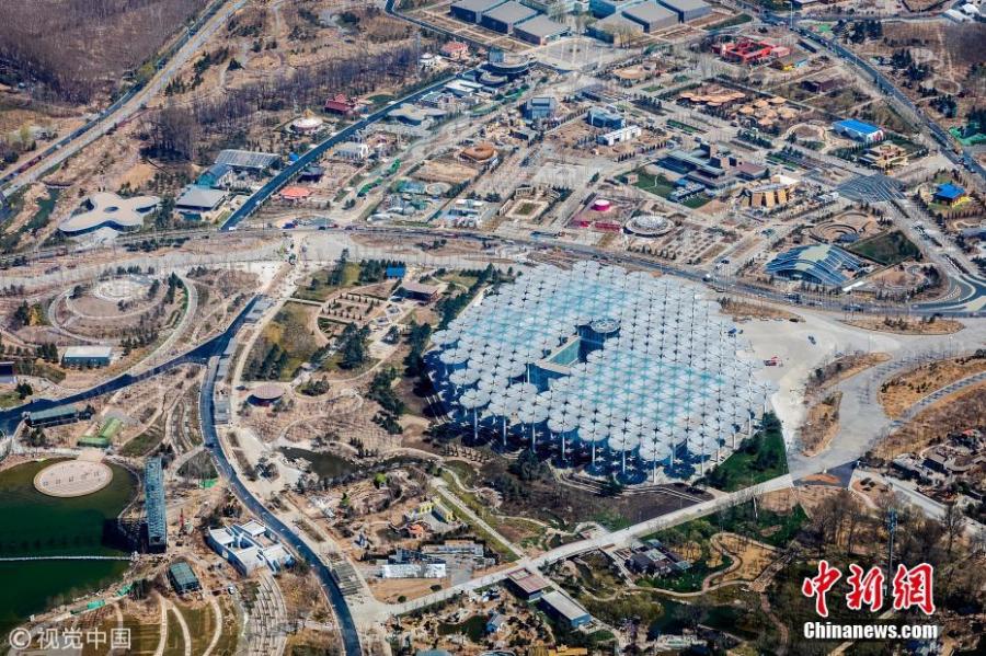 Photo shows the aerial view of the pavilions for the 2019 Beijing International Horticultural Exhibition, April 5, 2019. The exhibition will open on April 29 and run until October 7 in Beijing\'s Yanqing District.  (Photo/VCG)
