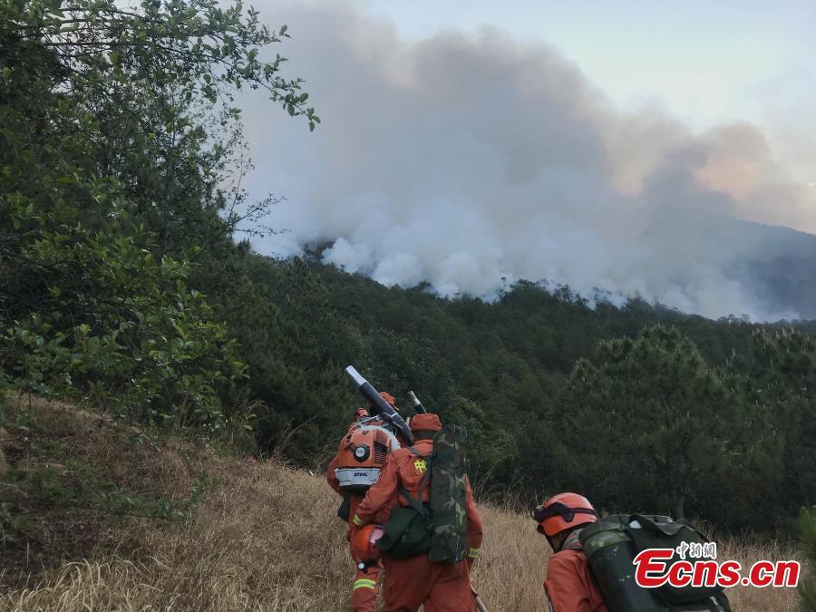 A forest fire in Mianning County, Southwest China\'s Sichuan Province, April 7, 2019. A total of 252 firefighters are trying to put out the fire, said authorities. (Photo: China News Service/Li Conglin)