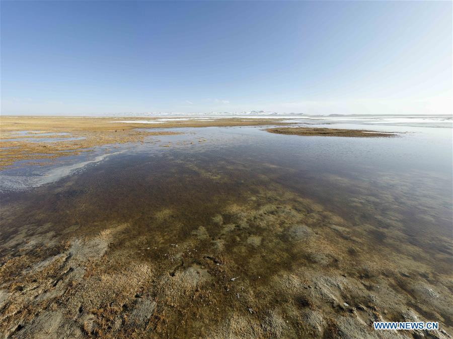 Stitched aerial photo taken on April 2, 2019 shows a lake in the Altun Mountains National Nature Reserve in northwest China\'s Xinjiang Uygur Autonomous Region. Altun Mountain National Nature Reserve saw the number of three rare wild animals reach around 100,000, according to local researchers. The population of wild yak, Tibetan antelope and wild ass is recovering to the level of recorded data in the 1980s when the reserve was first set up, the results of the latest scientific investigation showed. The reserve suspended all mining activities within its 46,800-square-km parameter in 2018 in an effort to restore its environment. (Xinhua/Hu Huhu)