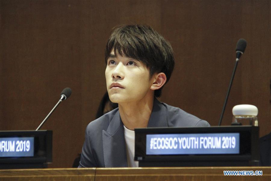 Chinese singer Yi Yangqianxi, who is a World Health Organization (WHO) China special envoy for health, attends the Asia and Pacific session of the United Nations Economic and Social Council Youth Forum, at the UN headquarters in New York, April 8, 2019. Yi Yangqianxi on Monday shared his vision of promoting health among young people, citing his experiences working with the World Health Organization (WHO). (Xinhua/Xie E)