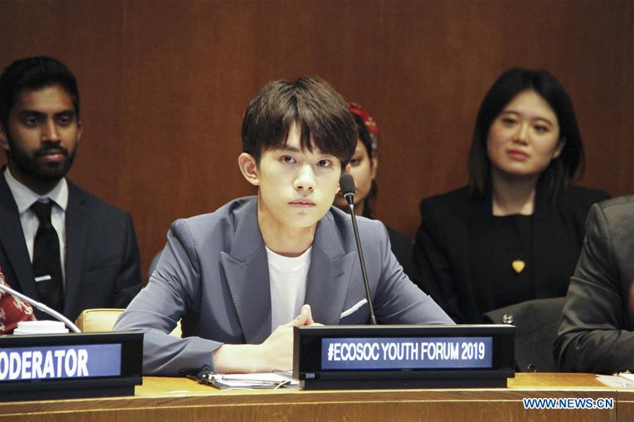 Chinese singer Yi Yangqianxi (front), who is a World Health Organization (WHO) China special envoy for health, attends the Asia and Pacific session of the United Nations Economic and Social Council Youth Forum, at the UN headquarters in New York, April 8, 2019. Yi Yangqianxi on Monday shared his vision of promoting health among young people, citing his experiences working with the World Health Organization (WHO). (Xinhua/Xie E)