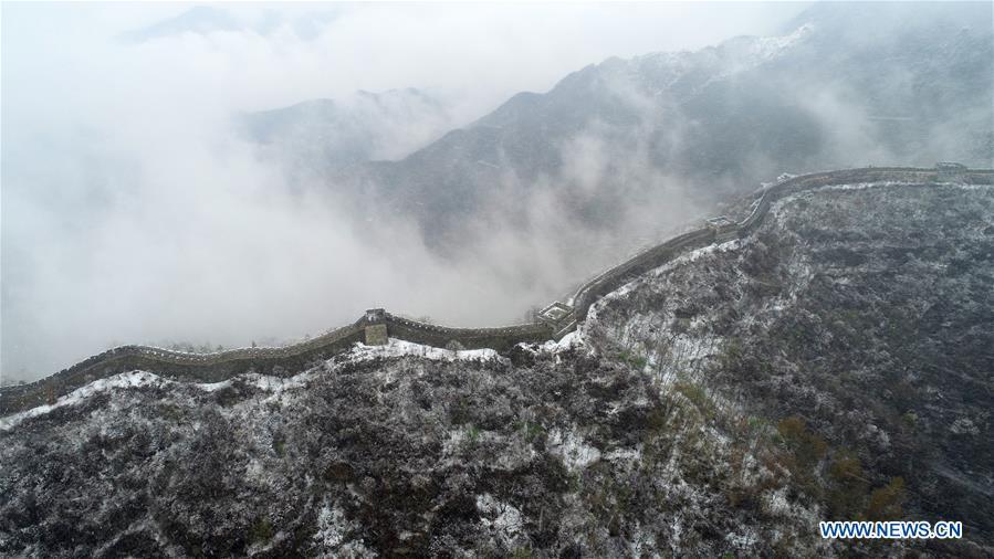 <?php echo strip_tags(addslashes(Aerial photo taken on April 9, 2019 shows the snowy scenery of the Mutianyu Great Wall in Beijing, capital of China. (Xinhua/Bu Xiangdong))) ?>