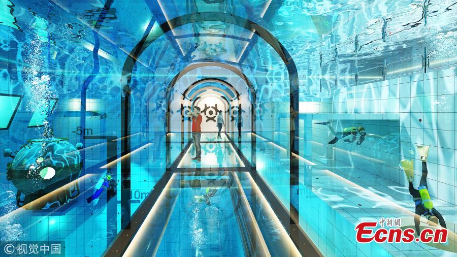 A visualization of the pool (Photo/VCG)

Poland is set to open the world\'s deepest swimming pool later this year.

At 45m deep, the DeepSpot diving pool will be the ideal place for beginner and professional divers alike to practice their skills.

DeepSpot will take the deepest swimming pool title from reigning champ Y-40 Deep Joy in Montegrotto Terme, Italy, which has a depth of 42m.
