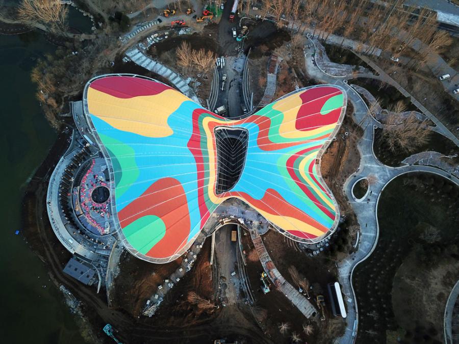 The multicolored Guirui Theater, shaped like a butterfly, is expected to be completed in early April. It will be used for the opening and closing ceremonies of the upcoming horticulture expo. (Photo/Xinhua)

Performance Center

Located in the Gui Rui Lake Scenic Area, the Performance Center is the primary arena for the exhibition\'s opening and closing ceremonies. The center\'s design takes its inspiration from butterflies, and it resembles a butterfly peacefully frolicking among the fields. The building combines natural scenery and innovation, captivating viewers with the magnificence and elegance of our surrounding environment.