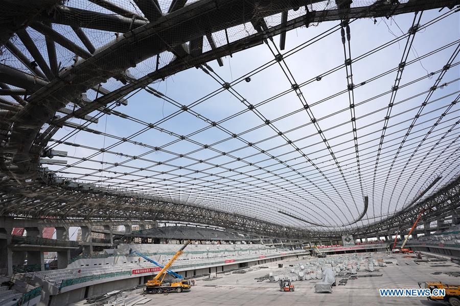 Photo taken on April 8, 2019 shows the construction site of the National Speed Skating Oval, the venue for speed skating events at the 2022 Winter Olympic Games, in Beijing, China. (Xinhua/Ju Huanzong)