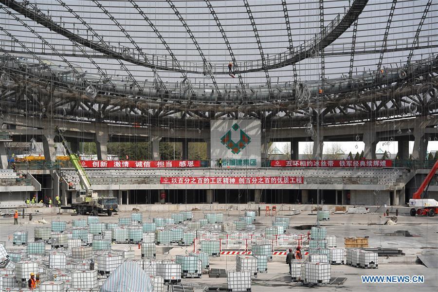 Photo taken on April 8, 2019 shows the construction site of the National Speed Skating Oval, the venue for speed skating events at the 2022 Winter Olympic Games, in Beijing, China. (Xinhua/Ju Huanzong)