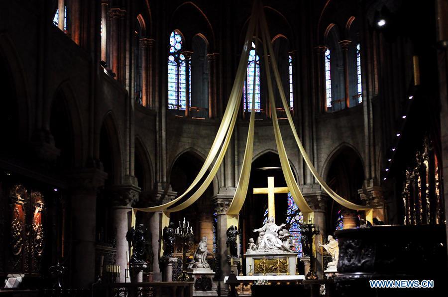 File photo taken on Oct. 11, 2013 shows the interior of the Notre Dame Cathedral in Paris, France. The devastating fire at Notre Dame Cathedral in central Paris has been put out after burning for 15 hours, local media reported on April 16, 2019. In early evening on April 15, a fire broke out in the famed cathedral. Online footage showed thick smoke billowing from the top of the cathedral and huge flames between its two bell towers engulfing the spire and the entire roof which both collapsed later. Notre Dame is considered one of the finest examples of French Gothic architecture which receives about 12 million visitors every year. (Xinhua/Liu Xiao)
