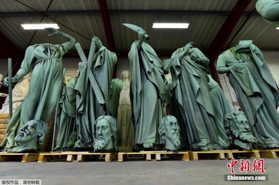 Photo taken in Marsac-sur-Isle near Bordeaux, on April 16, 2019 shows statues which sat around the spire of the Notre-Dame cathedral in Paris, stored in SOCRA workshop before restoration. (Photo/Agencies)

Some copper statues, including these sixteen statues which sat around the spire of the cathedral, 12 apostles and the four evangelists commissioned in the 1860s during the great restoration of the cathedral by Viollet-le-Duc, were removed in April for restoration.

The 3-meter-tall copper figures, which looked over the city from Notre Dame’s 96-meter-high peak, were sent to southwestern France for work that is part of a 6 million-euro ($6.8 million) renovation project on the cathedral spire and its 250 tons of lead.