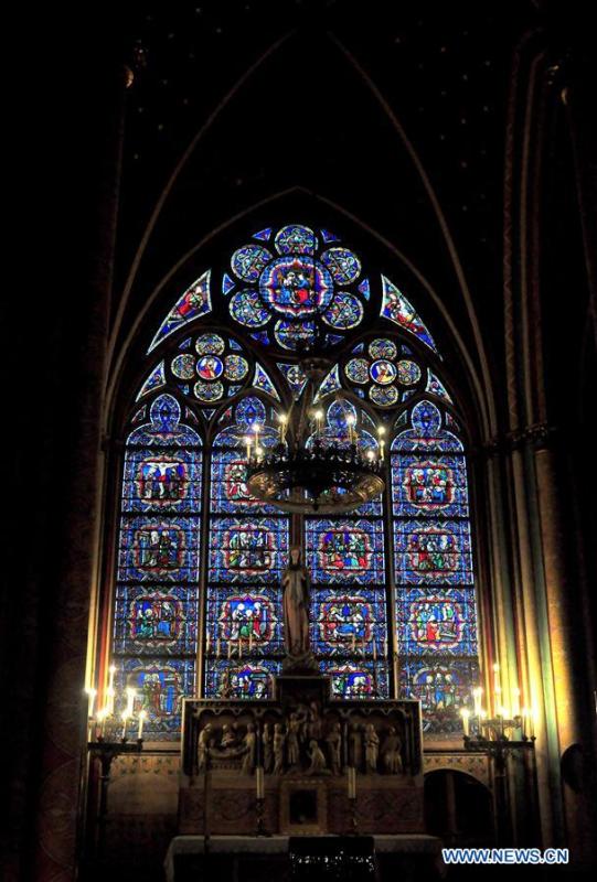 File photo taken on Oct. 11, 2013 shows the interior of the Notre Dame Cathedral in Paris, France. The devastating fire at Notre Dame Cathedral in central Paris has been put out after burning for 15 hours, local media reported on April 16, 2019. In early evening on April 15, a fire broke out in the famed cathedral. Online footage showed thick smoke billowing from the top of the cathedral and huge flames between its two bell towers engulfing the spire and the entire roof which both collapsed later. Notre Dame is considered one of the finest examples of French Gothic architecture which receives about 12 million visitors every year. (Xinhua/Liu Xiao)