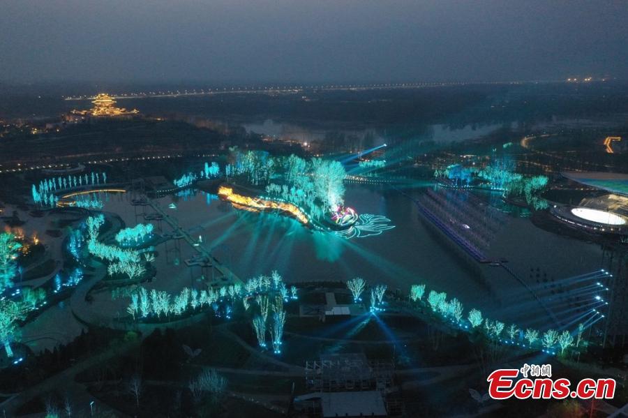 The lights are tested at the site of the 2019 Beijing International Horticultural Exhibition in Beijing in this aerial photo taken on April 16, 2019. Set to kick off on April 29, the 162-day expo is poised to impress an estimated 16 million visitors from home and abroad with a huge collection of plants, flowers and eye-catching pavilions as well as ideas for green development. (Photo/IC)