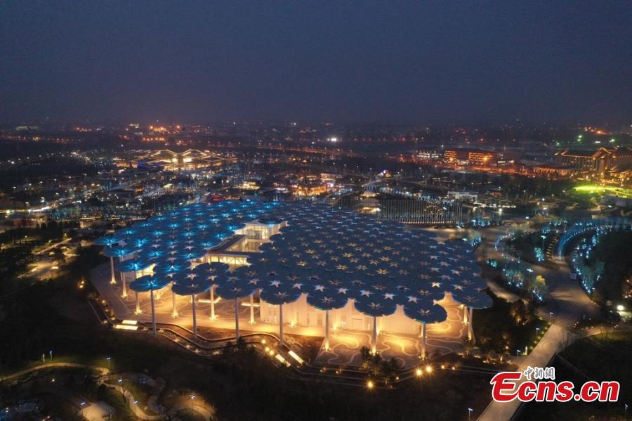 The lights are tested at the site of the 2019 Beijing International Horticultural Exhibition in Beijing in this aerial photo taken on April 16, 2019. Set to kick off on April 29, the 162-day expo is poised to impress an estimated 16 million visitors from home and abroad with a huge collection of plants, flowers and eye-catching pavilions as well as ideas for green development. (Photo/IC)