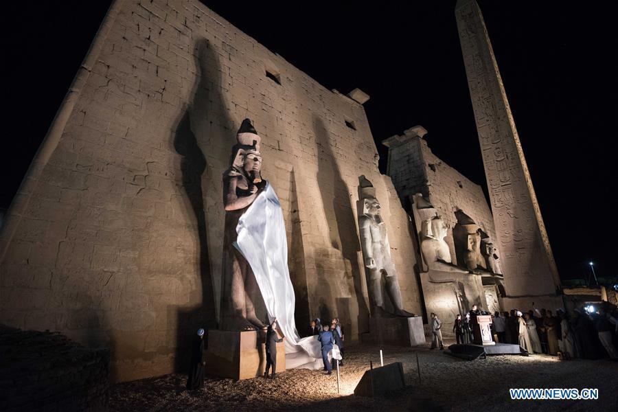 <?php echo strip_tags(addslashes(People attend the unveiling of a colossus of ancient Egyptian King Ramses II at Luxor Temple in Luxor, Egypt, April 18, 2019. Egypt's Ministry of Antiquities unveiled on Thursday evening a 60-ton statue of ancient Egyptian King Ramses II at the Luxor Temple after its restoration and re-erection on the Nile River's east bank in the southern province of Luxor. (Xinhua/Meng Tao))) ?>