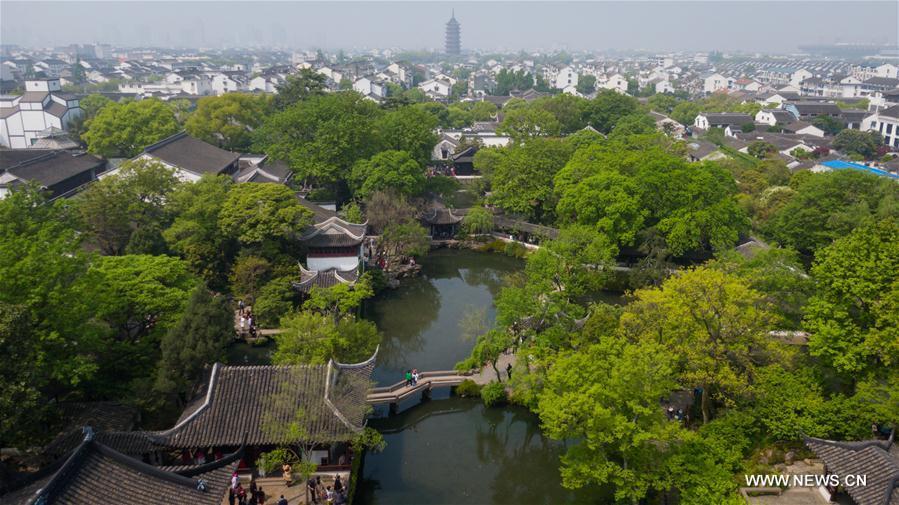 Aerial photo taken on April 17, 2019 shows the scenery of Humble Administrator\'s Garden in Suzhou, east China\'s Jiangsu Province. Suzhou is home to dozens of famous classical gardens that have inventive and exquisite design and oriental aesthetics. Nowadays more than 60 of them are still in existence, among which the Humble Administrator\'s Garden, Lingering Garden and the Lion Grove Garden are on the UNESCO\'s World Heritage List. (Xinhua/Li Xiang)