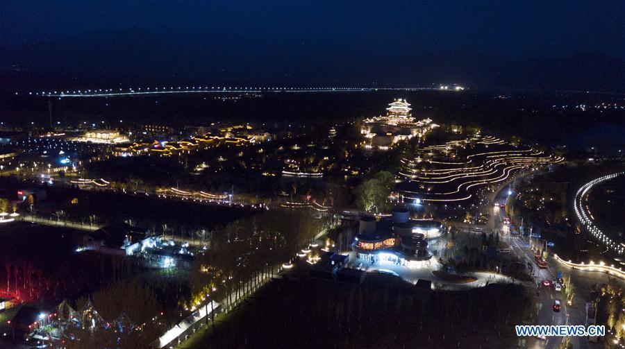 Aerial photo taken on April 19, 2019 shows the night view of the venues of the 2019 Beijing International Horticultural Exhibition (Expo 2019 Beijing) in Yanqing District of Beijing, capital of China. The 2019 Beijing International Horticultural Exhibition is slated to kick off on April 29, 2019. (Xinhua/Hou Dongtao)