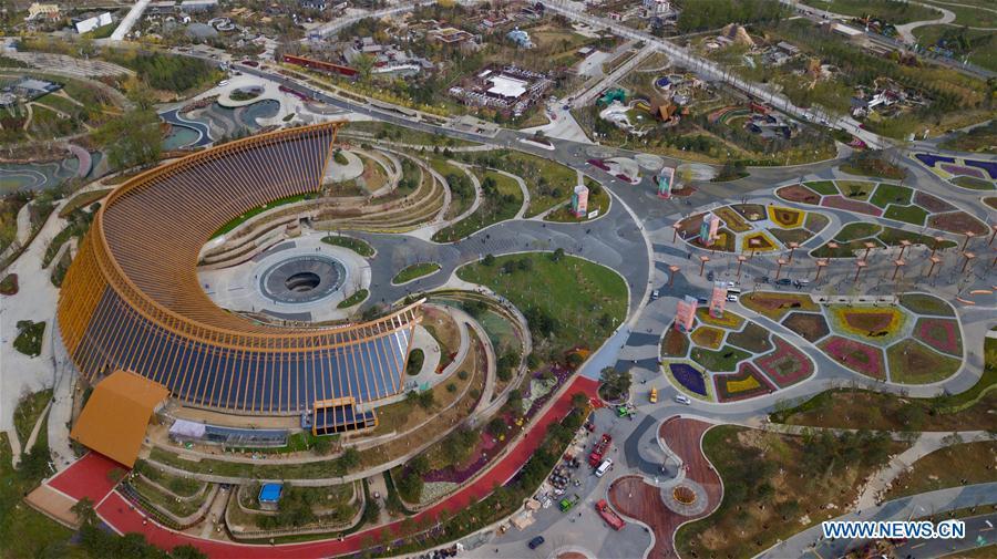 Aerial photo taken on April 19, 2019 shows the China Pavilion of the 2019 Beijing International Horticultural Exhibition (Expo 2019 Beijing) in Yanqing District of Beijing, capital of China. The 2019 Beijing International Horticultural Exhibition is slated to kick off on April 29, 2019. (Xinhua/Hou Dongtao)