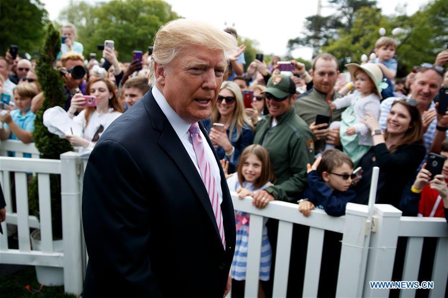 U.S. President Donald Trump (front) attends the annual Easter Egg Roll at the White House in Washington D.C., the United States, on April 22, 2019. White House Easter Egg Roll was held on the South Lawn on Monday as the annual tradition entered its 141st year. (Xinhua/Ting Shen)