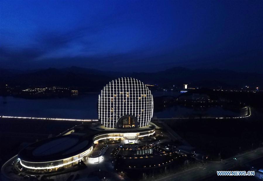 Aerial photo taken on April 1, 2019 shows the night view of the Sunrise East Kempinski Hotel by Yanqi Lake in Beijing, capital of China. The second Belt and Road Forum for International Cooperation is to be held on April 25-27 in Beijing. (Xinhua/Zhang Yuwei)