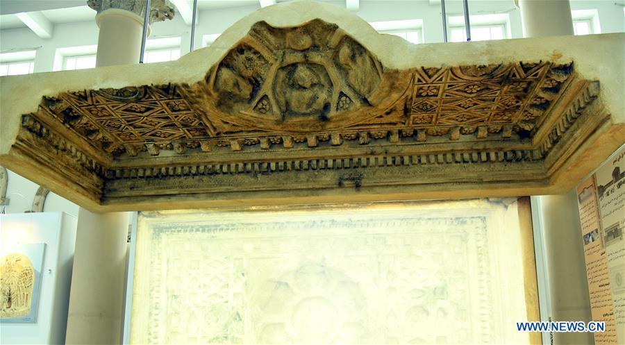 A 3D-printed ceiling of a worship area of the Bel Temple of Palmyra is showcased in the Damascus National Museum in Damascus, Syria, on April 23, 2019. Italian artists replicated the part of the ceiling that was produced as a gift to the national museum. The original part of the ceiling was destroyed along with the entire Bel Temple by the Islamic State (IS) group during its invasion of the ancient oasis city of Palmyra in 2014. (Xinhua/Ammar Safarjalani)