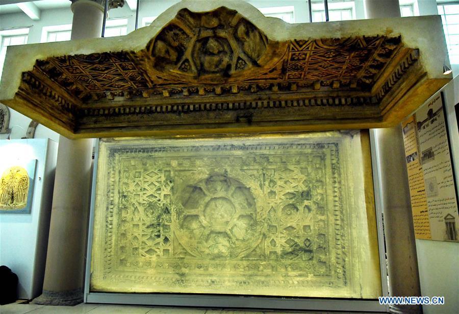 A 3D-printed ceiling of a worship area of the Bel Temple of Palmyra is showcased in the Damascus National Museum in Damascus, Syria, on April 23, 2019. Italian artists replicated the part of the ceiling that was produced as a gift to the national museum. The original part of the ceiling was destroyed along with the entire Bel Temple by the Islamic State (IS) group during its invasion of the ancient oasis city of Palmyra in 2014. (Xinhua/Ammar Safarjalani)