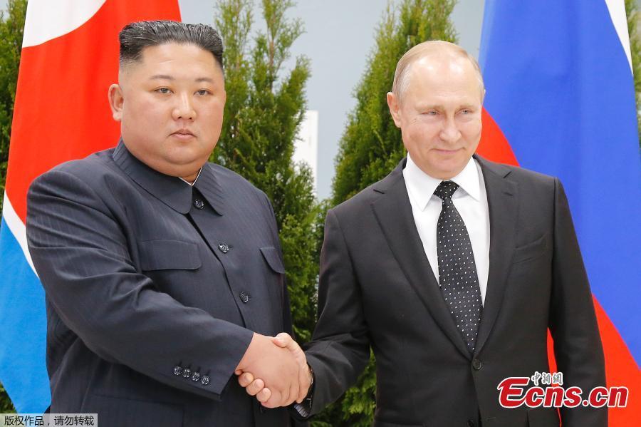 <?php echo strip_tags(addslashes(Russian President Vladimir Putin and DPRK top leader Kim Jong-un shake hands before their talks at the Far Eastern Federal University campus at Russky Island in the city of Vladivostok, Russia, April 25, 2019. (Photo/Agencies))) ?>