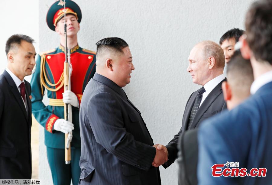 <?php echo strip_tags(addslashes(Russian President Vladimir Putin and DPRK top leader Kim Jong-un shake hands before their talks at the Far Eastern Federal University campus at Russky Island in the city of Vladivostok, Russia, April 25, 2019. (Photo/Agencies))) ?>