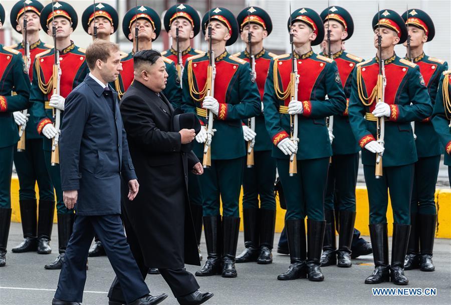Top leader of the Democratic People\'s Republic of Korea (DPRK) Kim Jong Un attends the welcome ceremony in Vladivostok, Russia, April 24, 2019. Kim Jong Un arrived here in his train on Wednesday for his first meeting with Russian President Vladimir Putin on Thursday. (Xinhua/Bai Xueqi)