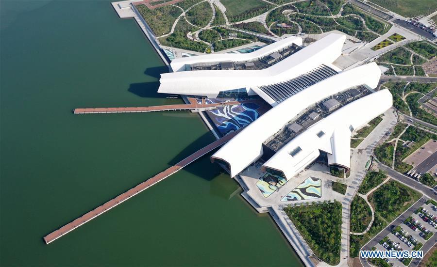 <?php echo strip_tags(addslashes(Aerial photo taken on April 25, 2019 shows the outside view of the national maritime museum in Binhai New Area, north China's Tianjin. China's first national maritime museum has scheduled trial operation for May 1, local authorities said Thursday. Four exhibition halls, which focus on the themes of 