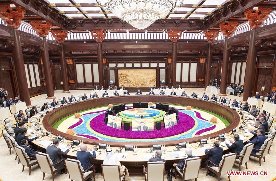 Chinese President Xi Jinping chairs and addresses the leaders\' roundtable meeting of the Second Belt and Road Forum for International Cooperation at the Yanqi Lake International Convention Center in Beijing, capital of China, April 27, 2019. (Xinhua/Li Tao)