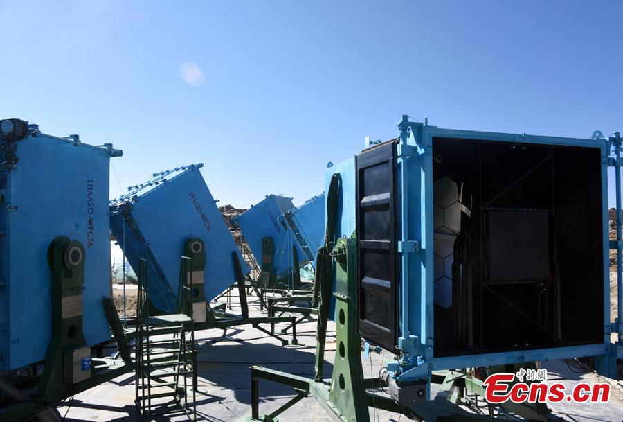 A view of the Large High Altitude Air Shower Observatory (LHAASO) on Haizi Mountain in Daocheng County, Sichuan Province, April 27, 2019. The giant observatory will consist of more than 6,300 detectors, an array of 12 Cherenkov telescopes and three water ponds containing 3,000 detecting units. LHAASO, designed to detect high-energy gamma rays with the utmost sensitivity and accuracy, launched its first set of detectors on Friday, complementing global efforts to decode the origin of cosmic rays. (Photo: China News Service/Sun Zifa)