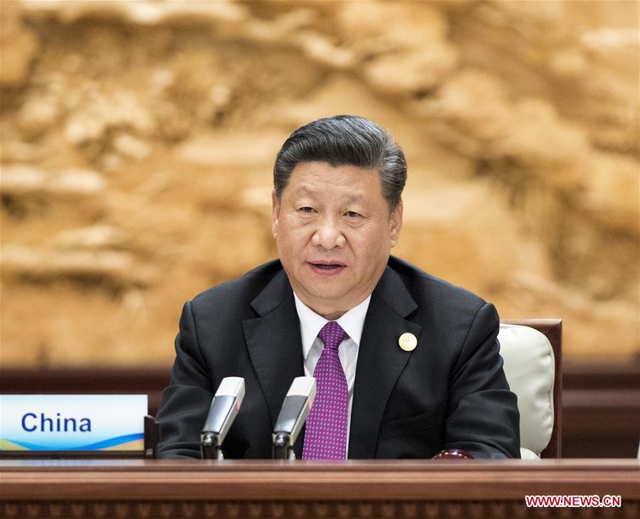 Chinese President Xi Jinping chairs and addresses the leaders\' roundtable meeting of the Second Belt and Road Forum for International Cooperation at the Yanqi Lake International Convention Center in Beijing, capital of China, April 27, 2019. (Xinhua/Li Xueren)