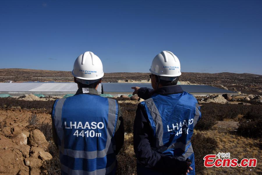 A view of the Large High Altitude Air Shower Observatory (LHAASO) on Haizi Mountain in Daocheng County, Sichuan Province, April 27, 2019. The giant observatory will consist of more than 6,300 detectors, an array of 12 Cherenkov telescopes and three water ponds containing 3,000 detecting units. LHAASO, designed to detect high-energy gamma rays with the utmost sensitivity and accuracy, launched its first set of detectors on Friday, complementing global efforts to decode the origin of cosmic rays. (Photo: China News Service/Sun Zifa)