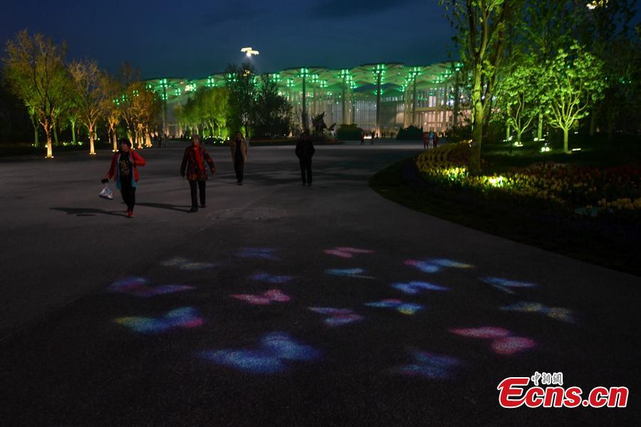 <?php echo strip_tags(addslashes(The light show at the International Pavilion during the 2019 Beijing International Horticultural Exhibition in Yanqing District of Beijing, China, April 29, 2019. The expo, which is open from April 29 to Oct. 7, will house exhibits related to flower, fruit and vegetable farming at the foot of the Great Wall in Beijing. More than 110 countries and international organizations as well as more than 120 non-official exhibitors have confirmed their participation, marking the highest attendance in the expo's history. (Photo: China News Service/Cui Nan))) ?>