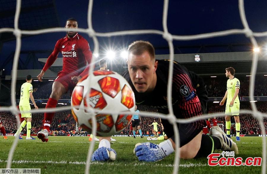 <?php echo strip_tags(addslashes(Liverpool's Georginio Wijnaldum celebrates scoring their second goal as Barcelona's Marc-Andre ter Stegen reacts in Liverpool, Britain, May 7, 2019. (Photo/Agencies))) ?>