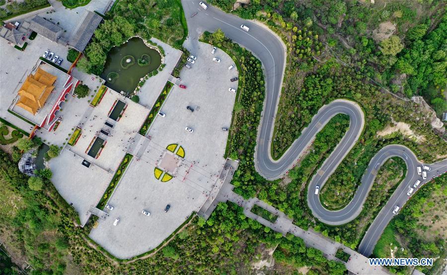 Aerial photo taken on May 2, 2019 shows the entrance of Panshan Mountain scenic zone in Jizhou District of Tianjin, north China. May 5 marks the opening of \