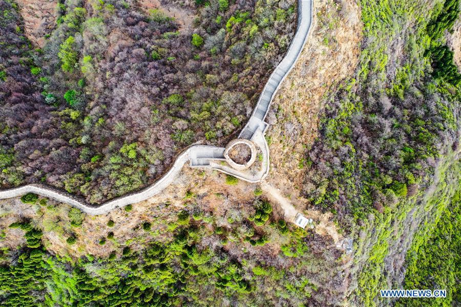 Aerial photo taken on April 18, 2019 shows the Huangyaguan Great Wall in Jizhou District of Tianjin, north China. May 5 marks the opening of \