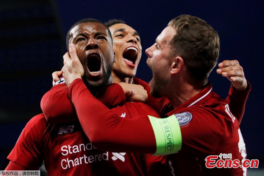 Liverpool\'s Georginio Wijnaldum (C) celebrates scoring during the UEFA Champions League Semi-Final second Leg match between Liverpool FC and FC Barcelona at Anfield in Liverpool, Britain on May 7, 2019. Liverpool won 4-3 on aggregate and reached the final. (Photo/Agencies)