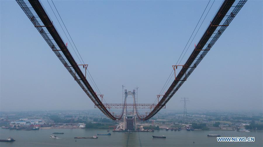 Aerial photo shows the construction site of the Wufengshan Yangtze River Bridge in Zhenjiang, east China\'s Jiangsu Province, May 10, 2019. Some 704 main cable strands for the bridge, a part of the Lianyungang-Zhenjiang railway, were successfully erected Friday in Jiangsu, marking the erection of China\'s first road-rail suspension bridge\'s main cable was finished. The bridge is scheduled to be completed within 2019 and open to traffic by 2020. (Xinhua/Li Xiang)