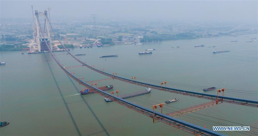 Aerial photo shows the construction site of the Wufengshan Yangtze River Bridge in Zhenjiang, east China\'s Jiangsu Province, May 10, 2019. Some 704 main cable strands for the bridge, a part of the Lianyungang-Zhenjiang railway, were successfully erected Friday in Jiangsu, marking the erection of China\'s first road-rail suspension bridge\'s main cable was finished. The bridge is scheduled to be completed within 2019 and open to traffic by 2020. (Xinhua/Li Xiang)