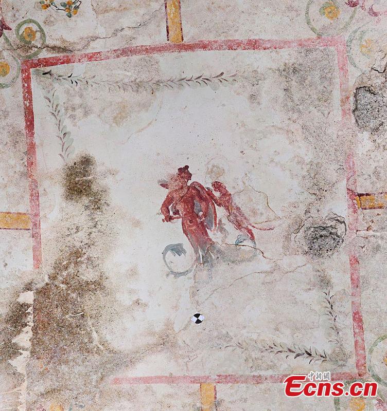 <?php echo strip_tags(addslashes(Photo shows paintings on the walls in the newly discovered room of the Nero Domus Aurea, in Rome. (VCG/PARCO ARCHEOLOGICO DEL COLOSSEO))) ?>