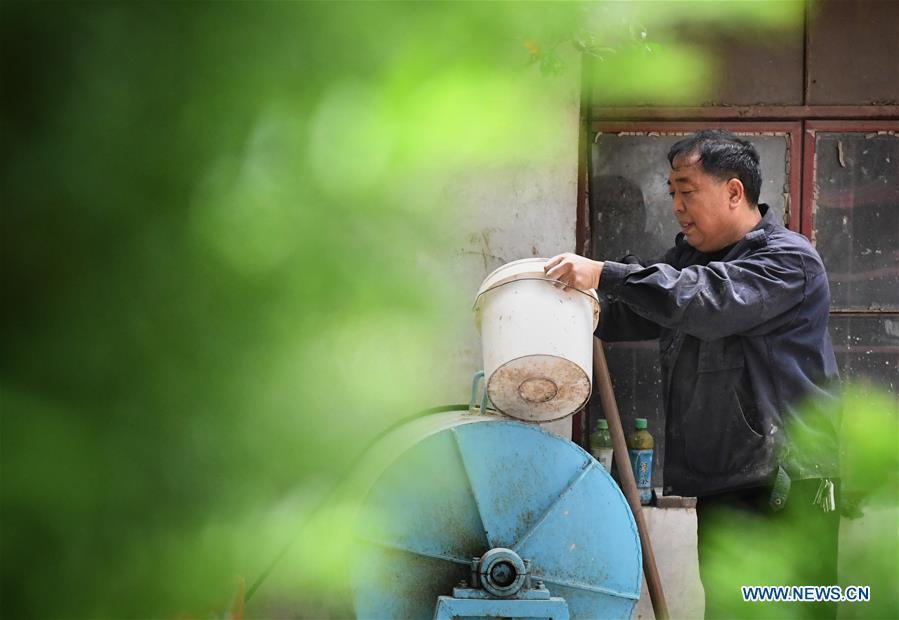 Wang Junzi prepares Ru porcelain glaze at his studio in Qingliangsi Village, Baofeng County of central China\'s Henan Province, May 8, 2019. Ru porcelain, one of the five famous kinds of porcelains during the Song Dynasty (960-1279) in ancient China, is known for its azure color, light body, filmy grain and gentle textile. Wang Junzi, born in 1960, is a Ru porcelain firing craftsman in Qingliangsi Village of Baofeng County in central China\'s Henan, where the ancient official Ru porcelain kiln in Song Dynasty is located. In order to reproduce the beauty of \