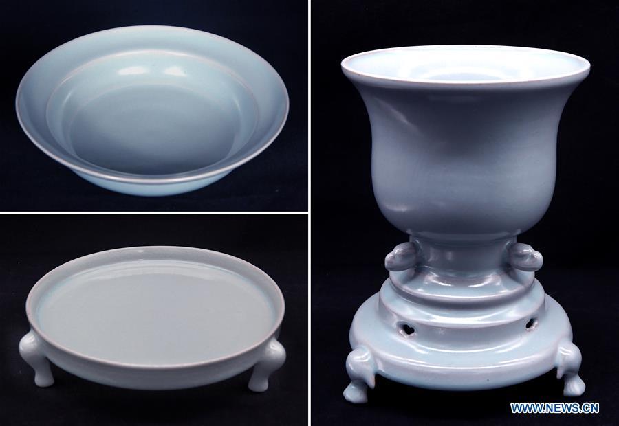 The combination photo taken on May 8, 2019 shows Ru porcelain works made by Wang Junzi in Qingliangsi Village, Baofeng County of central China\'s Henan Province. Ru porcelain, one of the five famous kinds of porcelains during the Song Dynasty (960-1279) in ancient China, is known for its azure color, light body, filmy grain and gentle textile. Wang Junzi, born in 1960, is a Ru porcelain firing craftsman in Qingliangsi Village of Baofeng County in central China\'s Henan, where the ancient official Ru porcelain kiln in Song Dynasty is located. In order to reproduce the beauty of \
