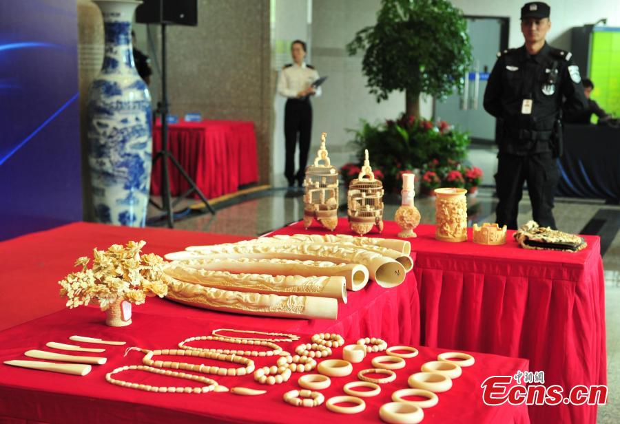 <?php echo strip_tags(addslashes(Ivory products seized by Hangzhou Customs before their handover to forestry authorities in Hangzhou City, East China's Zhejiang Province, May 14, 2019. Hangzhou Customs showcased endangered species and wildlife products weighing 863.69 kilograms. (Photo: China News Service/Zhang Yin))) ?>