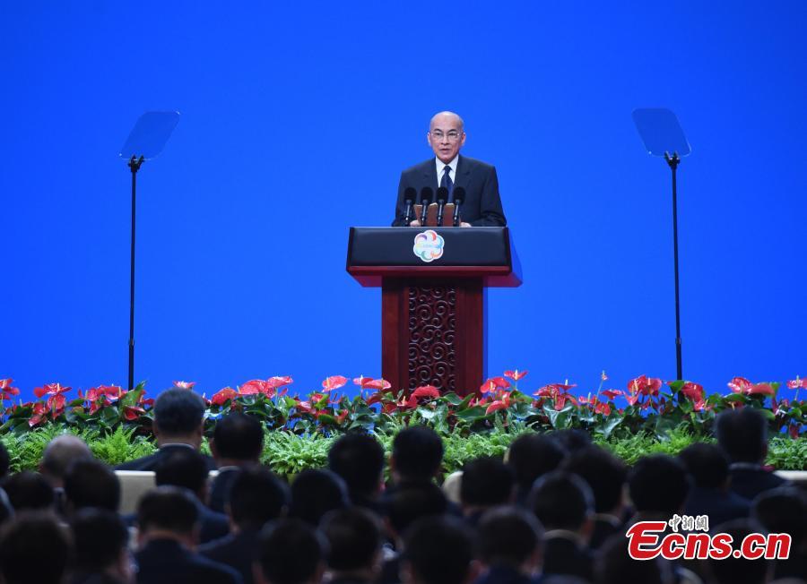 Cambodian King Norodom Sihamoni delivers a speech at the  opening ceremony of the Conference on Dialogue of Asian Civilizations (CDAC) at the China National Convention Center in Beijing, May 15, 2019. (Photo: China News Service/Hou Yu)