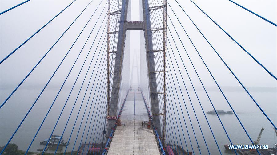 <?php echo strip_tags(addslashes(Aerial photo taken on May 16, 2019 shows the closure scene of Qingshan Yangtze River Bridge in Wuhan, central China's Hubei Province. The 7,548 meter-long Qingshan Yangtze River Bridge is now the widest bridge over Yangtze River. (Xinhua/Xiao Yijiu))) ?>