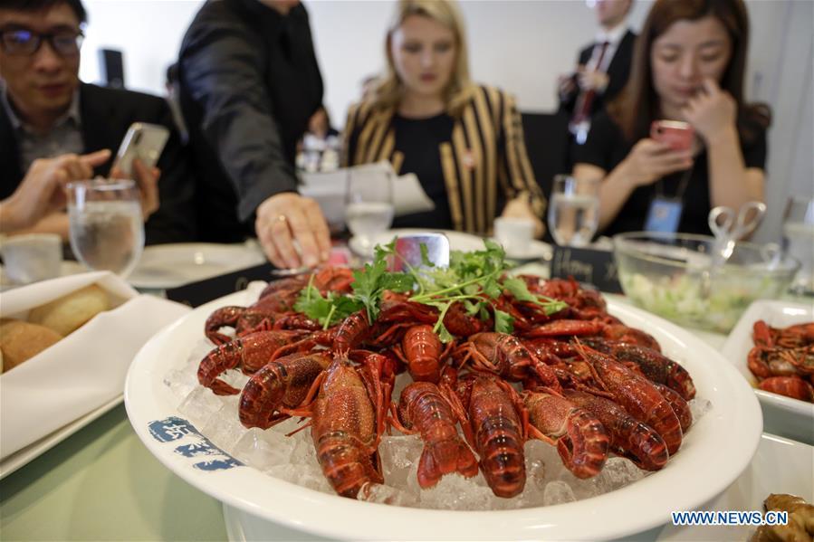 A crayfish dish is seen during the Qianjiang crayfish tasting party at the United Nations headquarters in New York, June 4, 2019. Crayfish, a rarity in Western diet but a favorite of Chinese foodies, on Tuesday made its debut at the UN Delegates Dining Room. Hosted by the city government of Qianjiang, a major producer of crayfish in central China, the tasting party was graced by officials from the UN headquarters, the World Food Programme, the UN Democracy Fund as well as UN diplomats, including representatives from the Dominican and Sri Lankan missions. (Xinhua/Li Muzi)